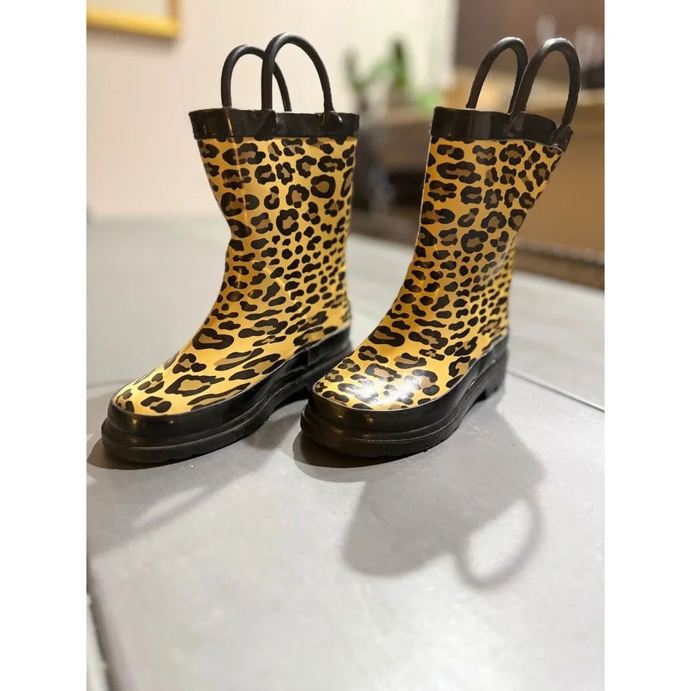 Vintage Western Chief Kids Leopard Print Rain Boots Yellow Pull Handles Size 9
